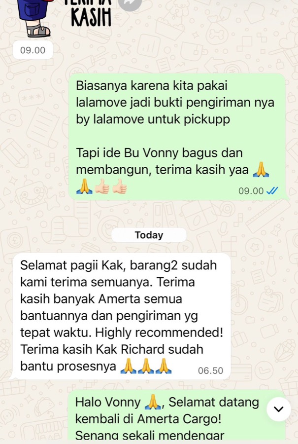 Konfirmasi pelanggan pengiriman Amerta Cargo ke Australia
