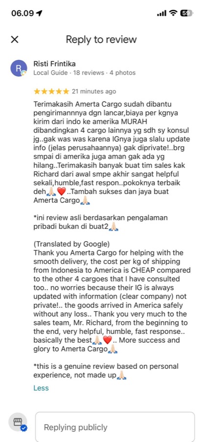 Ulasan pelanggan pengiriman Amerta Cargo ke Amerika Serikat